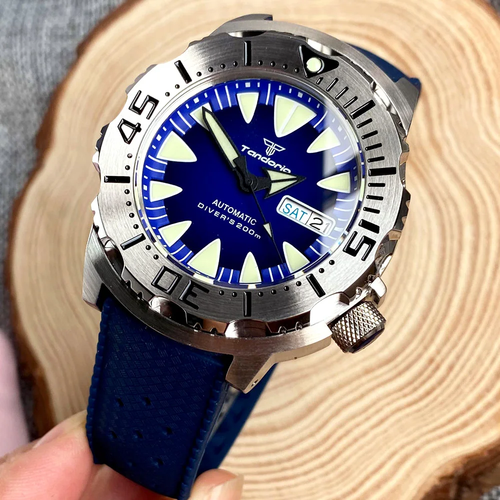 Tandorio 42mm Monster Blue Dial NH36A Men Automatic Watch AR Sapphire Glass 3.8 o'clock Crown Lume 20ATM Diving Rubber Strap