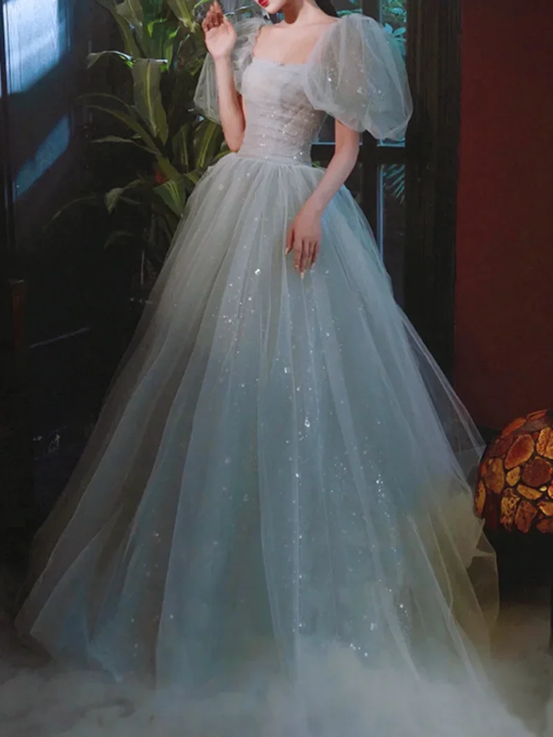 Customized Blue Tulle Evening Dress 2024 New Sequin Fluffy Sleeve Princess Dresses Floor-Length A-line High Waist Formal Banquet