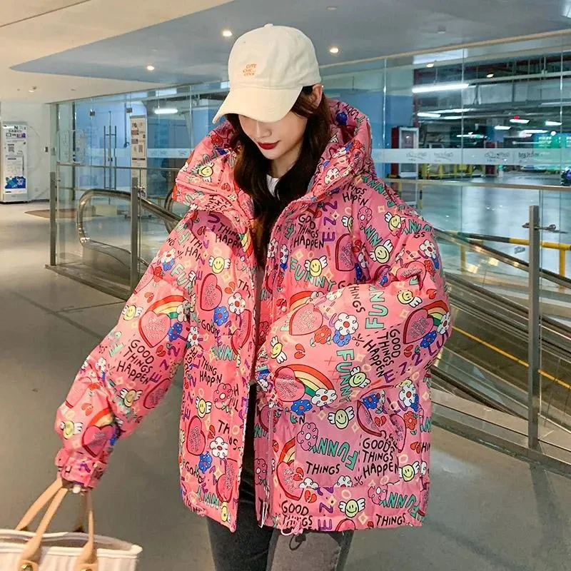 Novo outono inverno moda feminina graffiti impressão para baixo casaco de algodão lazer solto com capuz parka à prova de vento manter quente jaqueta feminina