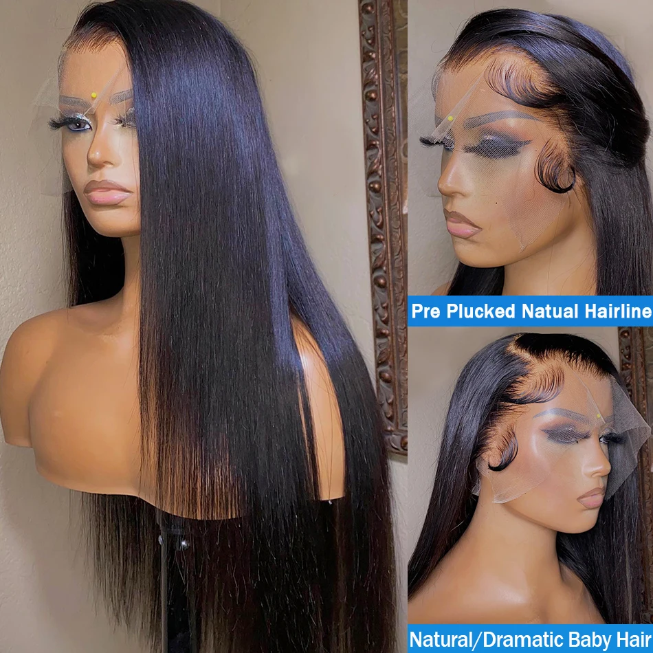 

Middle Part Soft 26inch Natural Black Preplucked Glueless 180Density Long Straight Lace Front Wig For Women BabyHair Daily