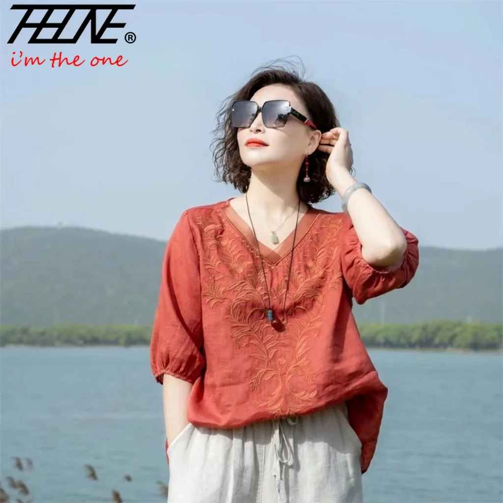 Fashion Woman Blouse 2023 Cotton Linen Casual Blusa Mujer Camisas Women\'s Clothing Summer Embroidery V-Neck Vintage