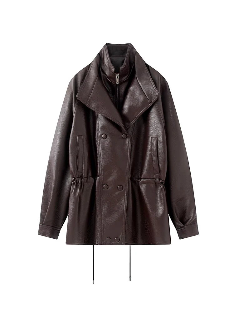 TFMLN Women's Street Pu Leather Coat Long Sleeve Stand Collar Metal Buckle Zipper Jackets 2026 Autumn Fashion Casual Jacket