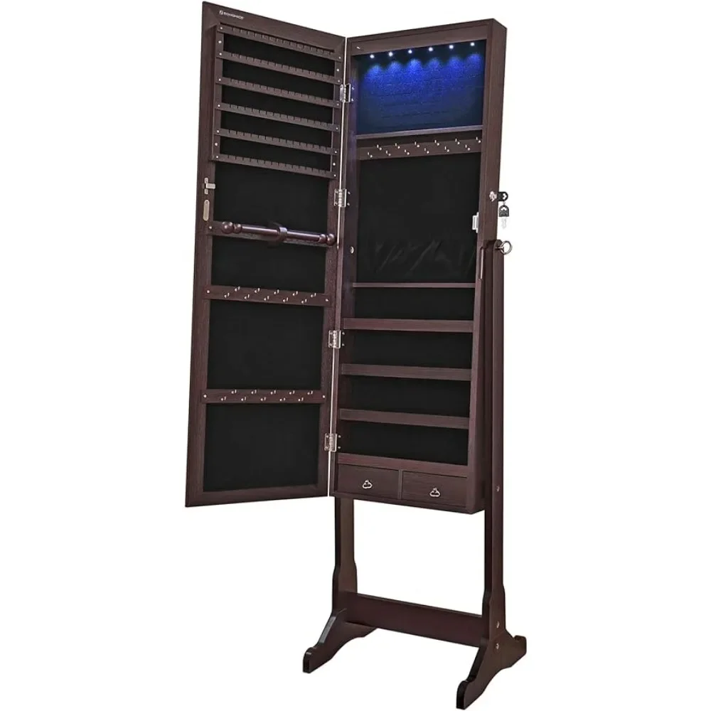 

Mirror Jewelry Cabinet With 6 LED Lights Brown 2 Drawers Lockable Standing Mirrored Mirrors Storage Locker Mirror Full Body Home