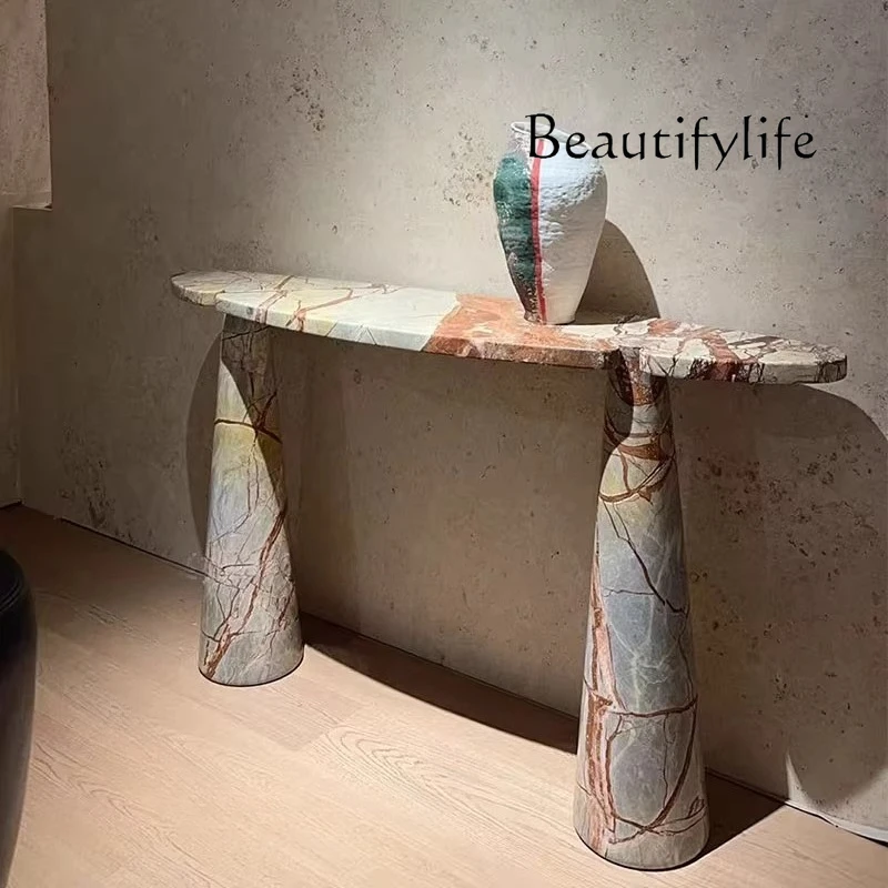 

Natural marble entrance table, designer villa household long side table, flower long table placed against the wall