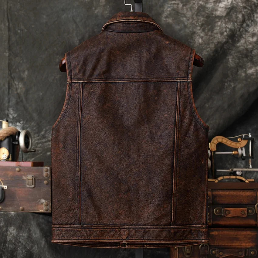 Man Genuine Leather Vest American Jacket Men's Real Top Layer Cow Cargo Men Spring Autumn Winter