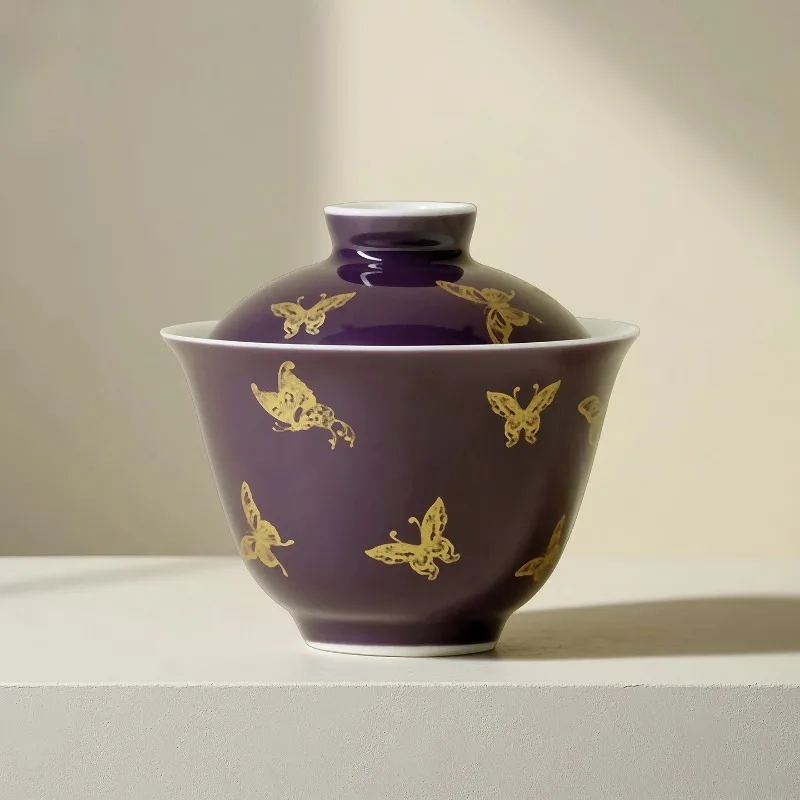 

135ML Purple Bronzing Butterfly Ceramic Cover Bowl Kung Fu Tea Set Household Guochao Tea Bowl Thin Tire Anti-scalding Cover Bowl