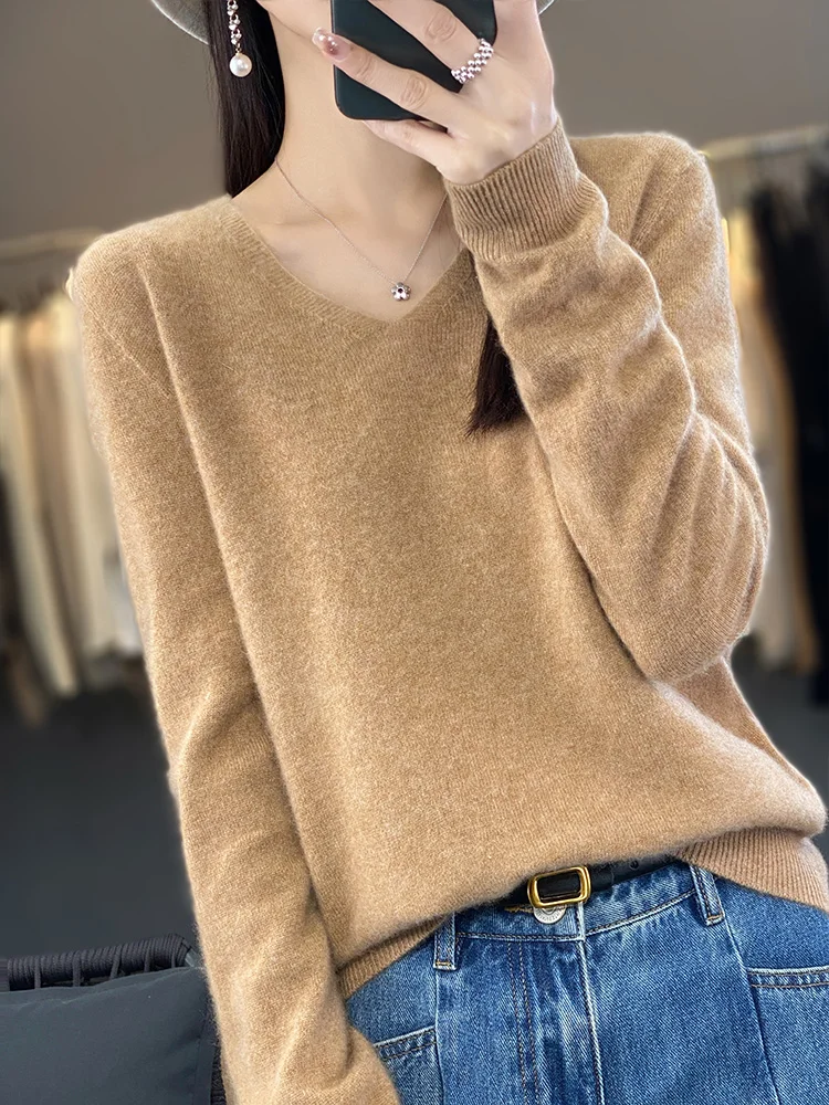 

Women V-neck Knitted Pullover 100% Merino Wool Long Sleeve Thin Sweater For Spring Autumn Solid Casual Knitwear Korean Clothing