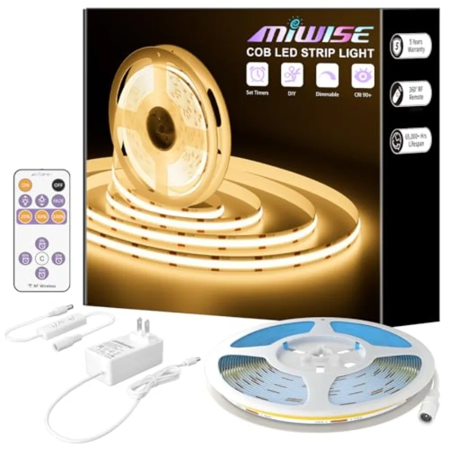 COB LED Strip, Warm White 32.8ft/, Dimmable Super Bright 24V LED Strip Light, CRI 90+ Flexible Tape Light with RF Remote Timer