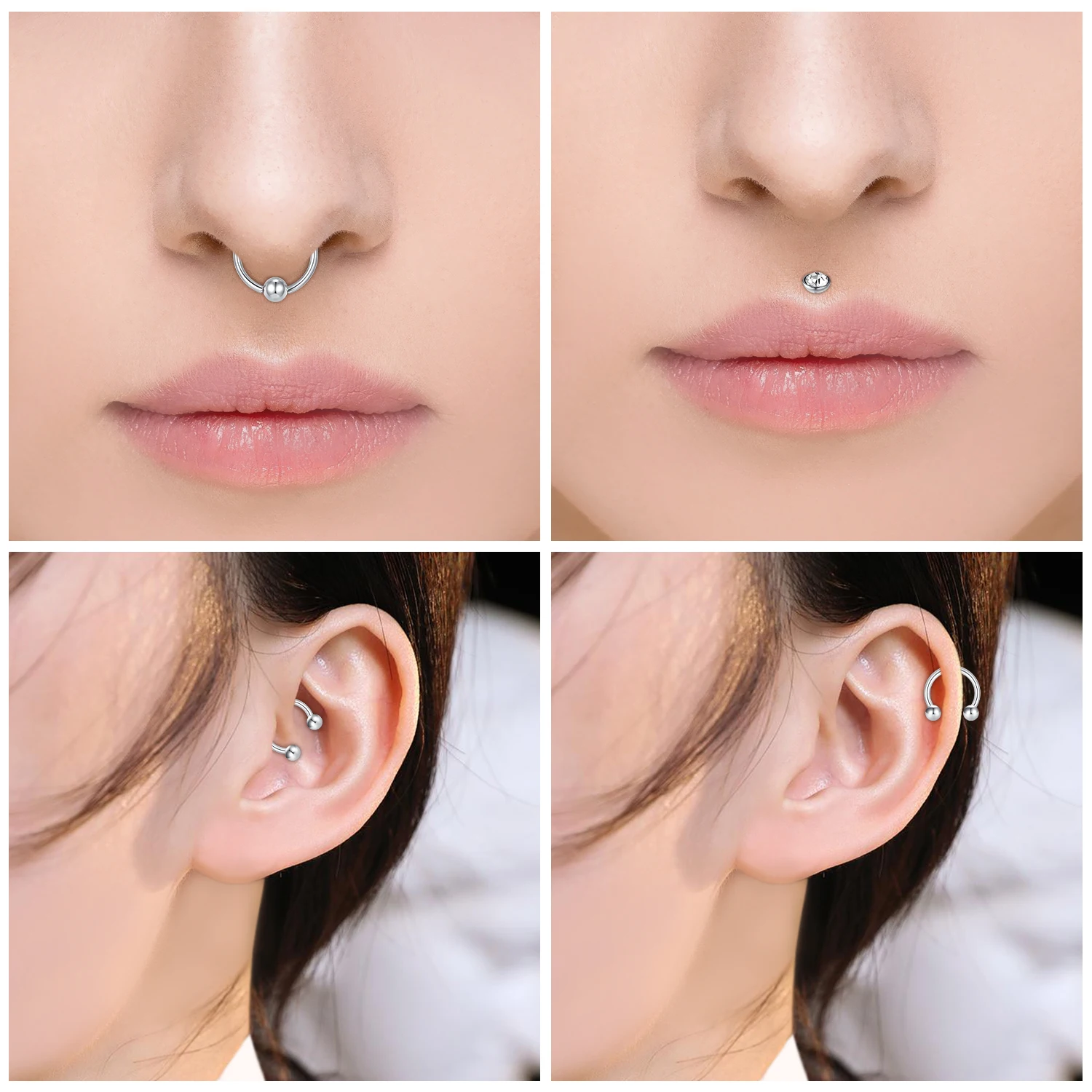 4pcs Nose Ring, Horseshoe Septum Ring,  Stainless Steel Circular Eyebrow Lip Ring, Helix Earring Nostril Piering