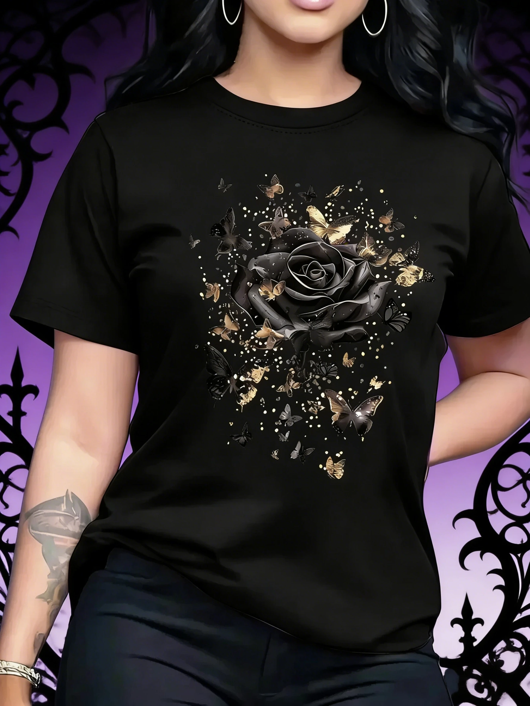 

2026 New Fashion Women's Casual Rose Print T-Shirt Short Sleeve Crew Neck Top Comfortable Home Quick Dry Short Sleeve T-Shirt