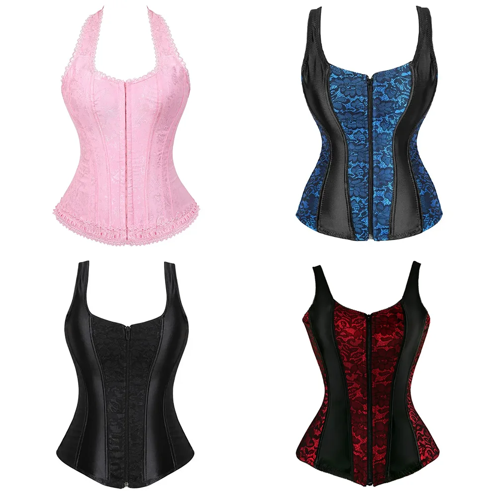 

Contrast Colors Overbust Corset For Women Zipper Shoulder Strap Bustiers Dance Wearing Costume Floral Lace Trim Corsets