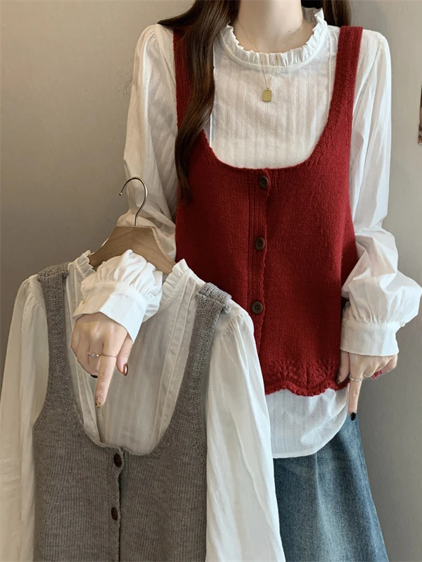 

plus Size Women's Gentle Style Knitted Long Sleeve Shirt And Vest Top Set Autumn New Arrival Anti-Aging Lace Trim Outfit