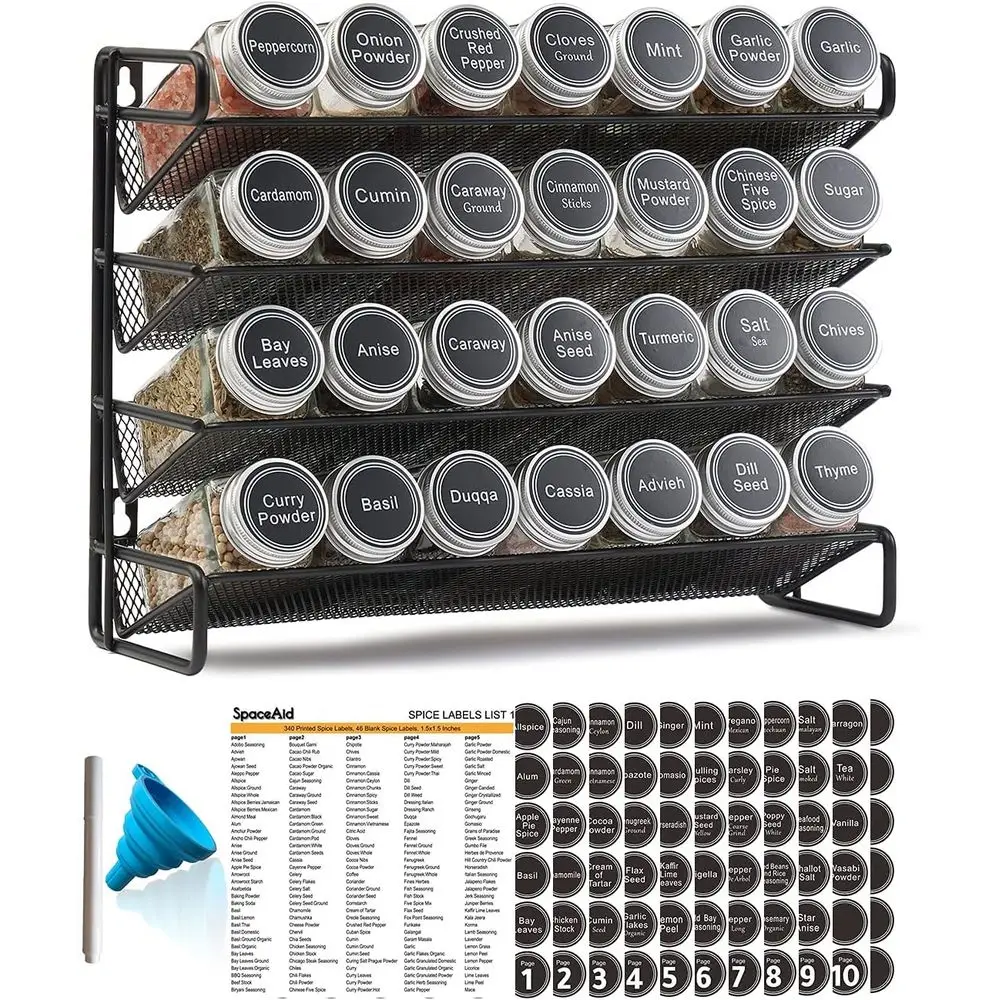 

SpaceAid Spice Rack Organizer with 28 Spice Jars, 386 Spice Labels, Chalk Marker and Funnel Set for Cabinet, Countertop, Pantry,