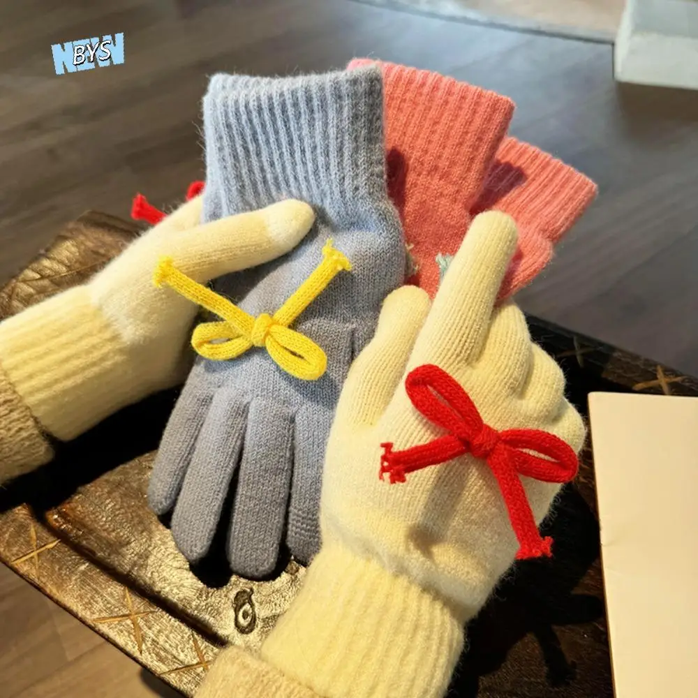 ขี่หวาน Bowknot ถักถุงมือหน้าจอสัมผัส Thicken Five-Finger Mittens เย็น WARM ถุงมือขี่จักรยานฤดูหนาว