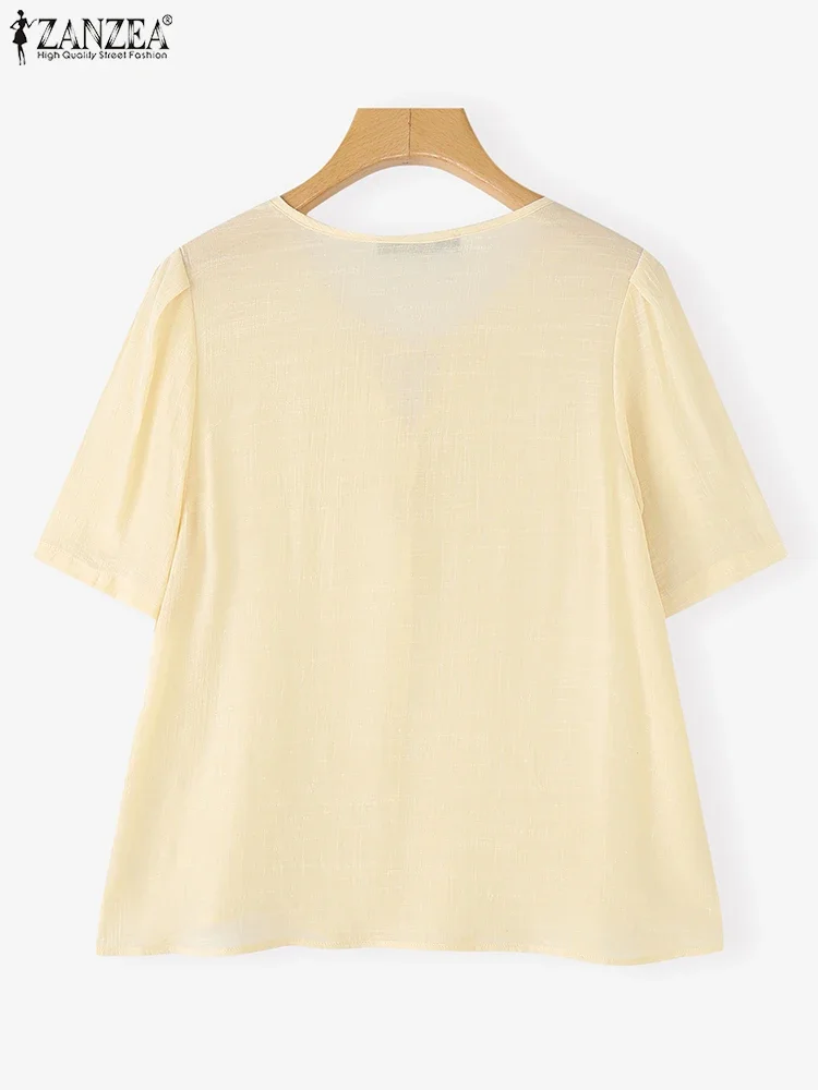 ZANZEA Damska Casualowa Bluzka Modne Koszule Krótki Rękaw Dekolt O-Neck Bandaż Tunika Top 2025 Lato Luźna Jednolita Kolor Elegancka Bluzka
