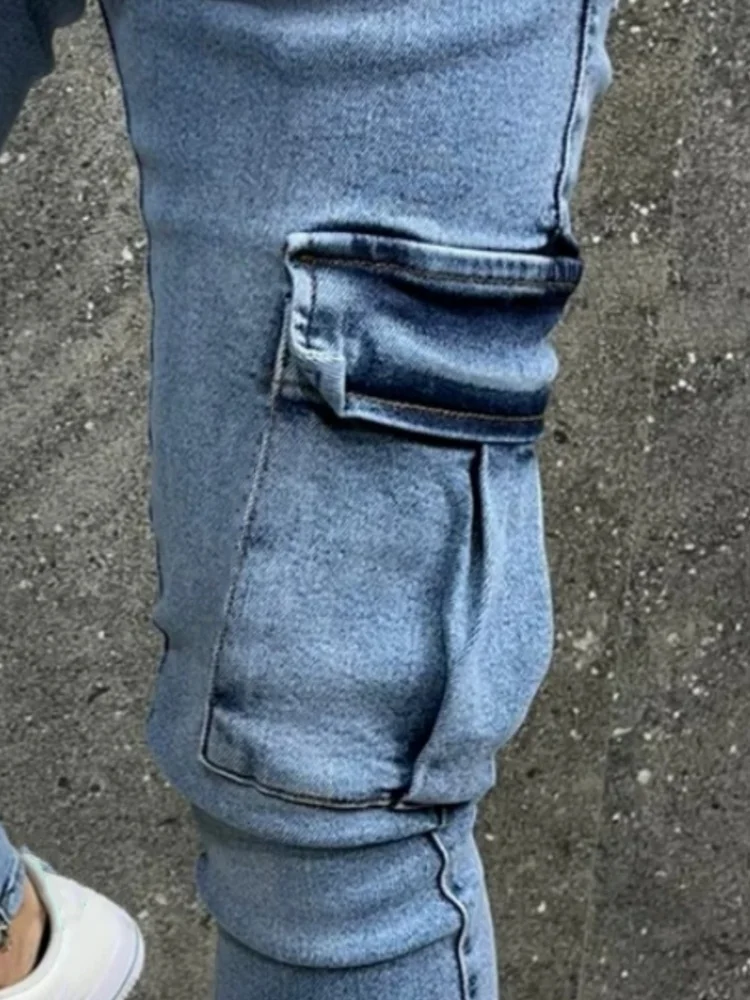 Jeans cargo skinny alla moda Tasca da uomo Slim Fashion Streetwear Pantaloni con piedi piccoli Pantaloni da uomo in denim hip-hop elastico lavato
