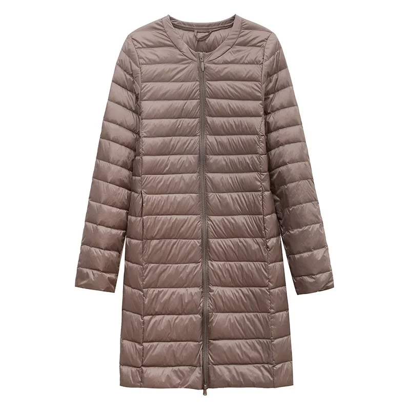 Abrigo-Chaqueta acolchada sin cuello con cuello redondo de estilo coreano de otoño/invierno con forro de plumas cálido nuevo plumón de pato largo ultraligero para mujer