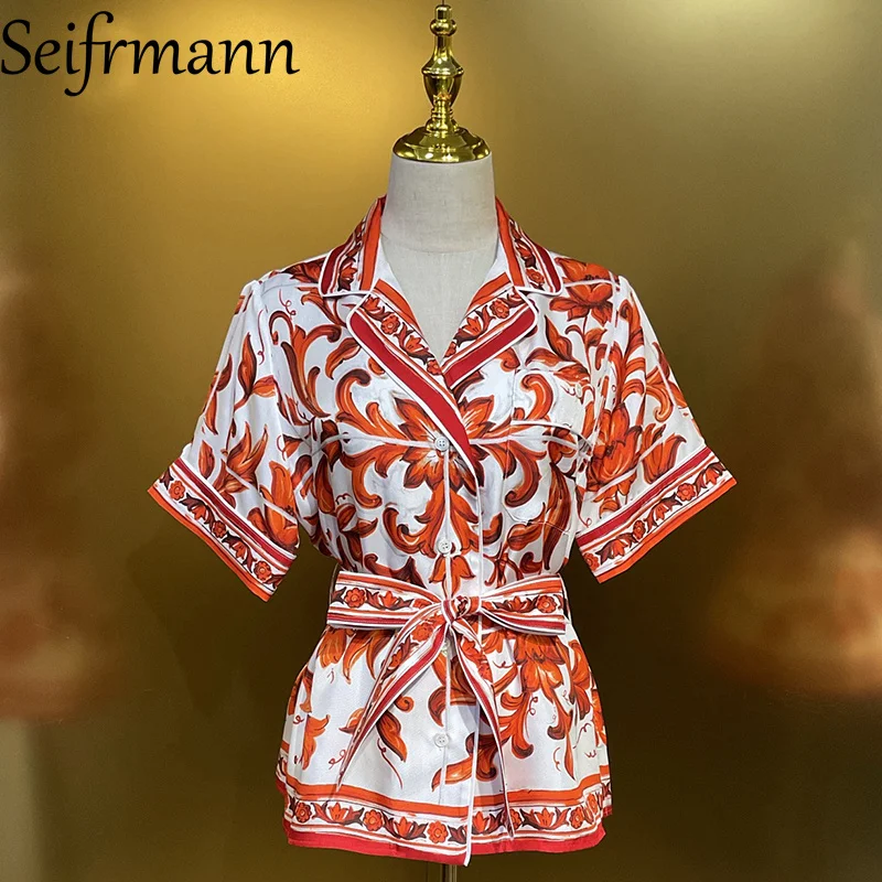 Seifrmann Casual printed silk lace-up top lapel short-sleeved shirt 2026 summer fashion women's new style