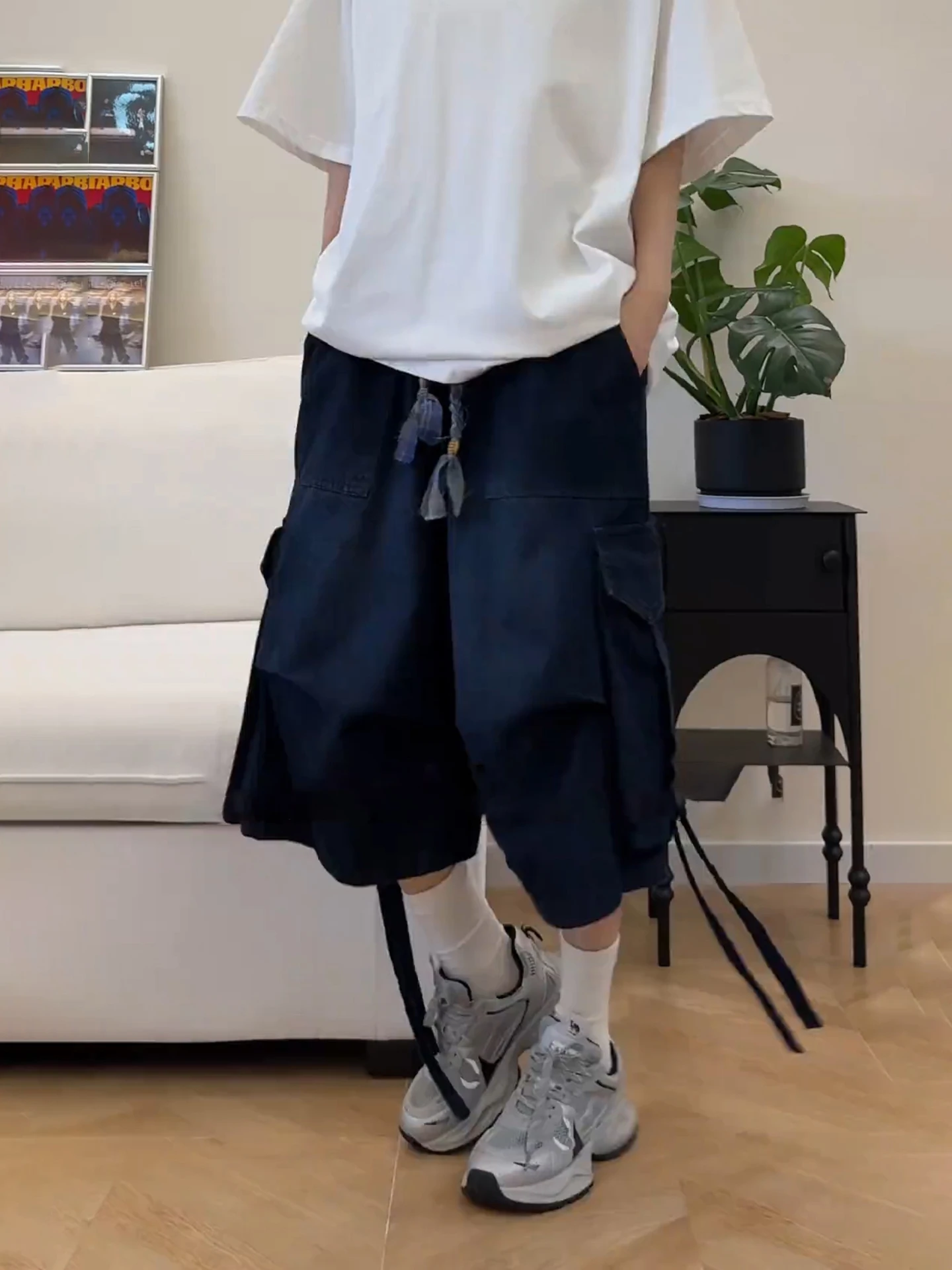 

Темно-синие рабочие шорты унисекс, летние плиссированные джинсовые брюки-капри с большими карманами, повседневные прямые брюки