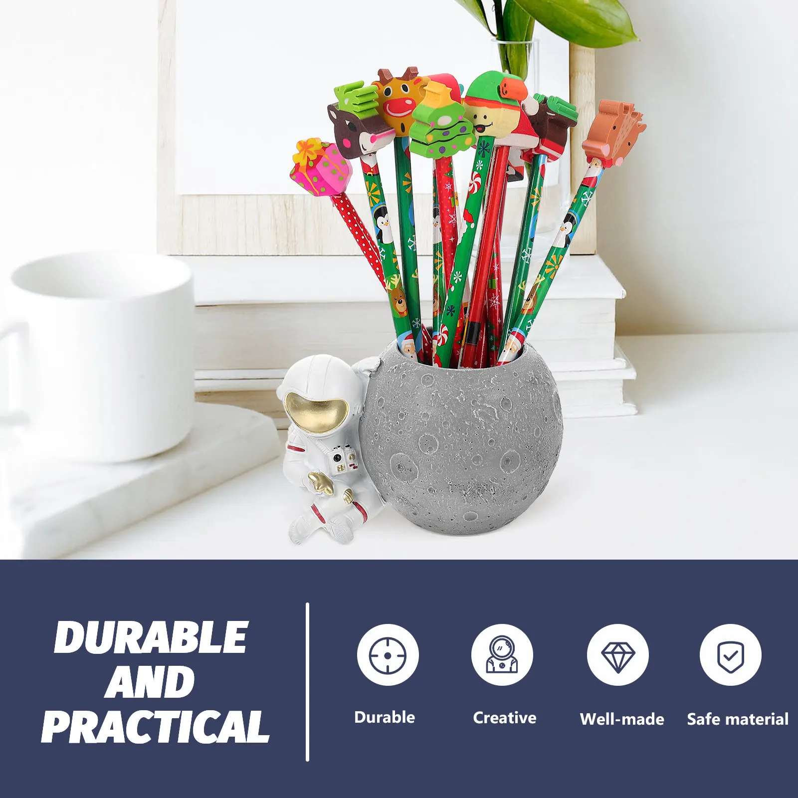 Astronaut Pen Holder Resin Desktop Stationery Organizer Spacious Moon Theme Pencil Cup for Kids Students Office Desk Decoration