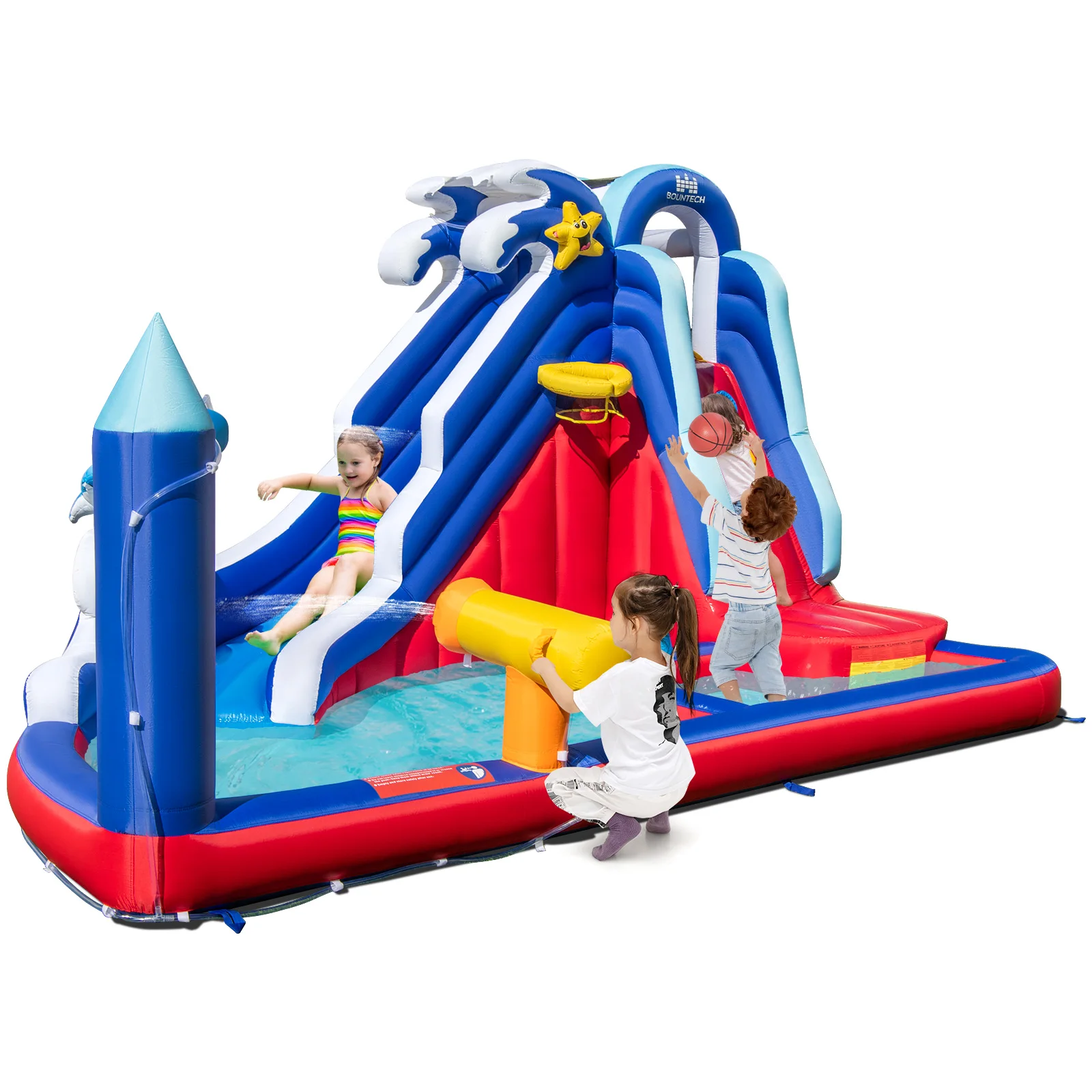 6-In-1 Inflatable Water Park with Climbing Wall Splash Pool Blower Excluded