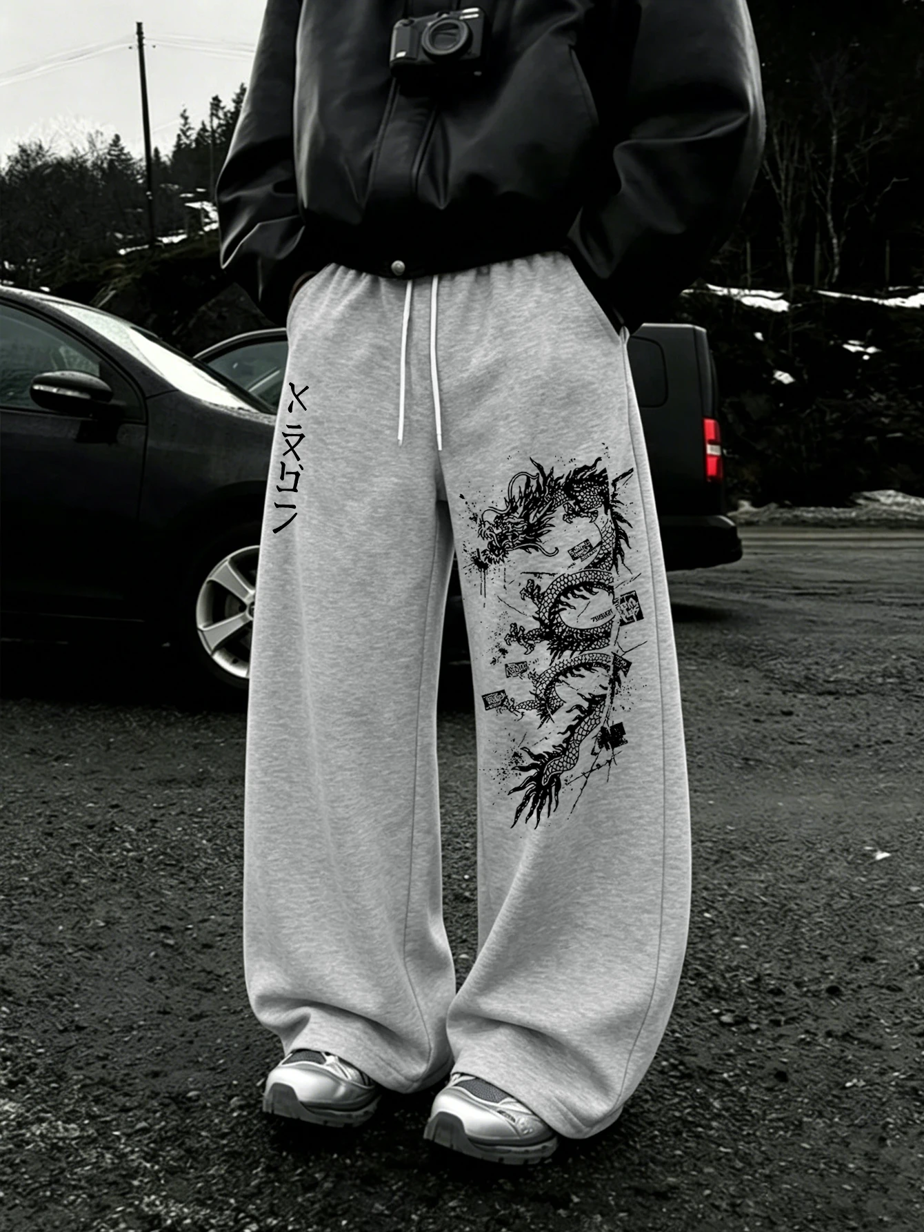 Y2K Men Baggy Sweatpants, Vintage Ink Dragon Japanese Text Asymmetrical Double‑Side Print Drawstring Loose Wide Leg Jogger Pants