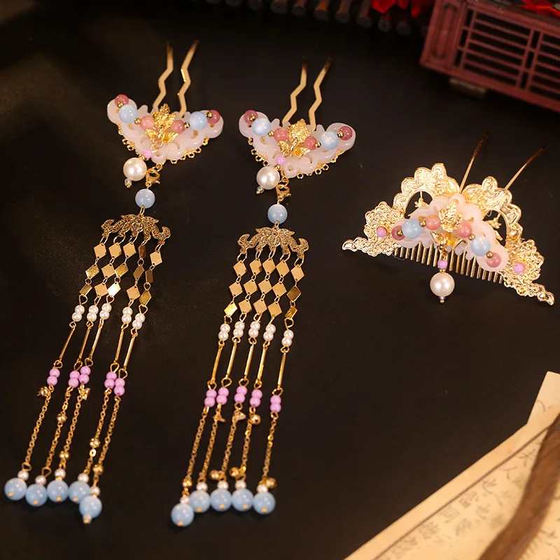 

U Shape Flower Hair Stick Hairpin Women Hanfu Headdress Set Bride Tiaras Headwear Chinese Style Han Custme Hair Accessories