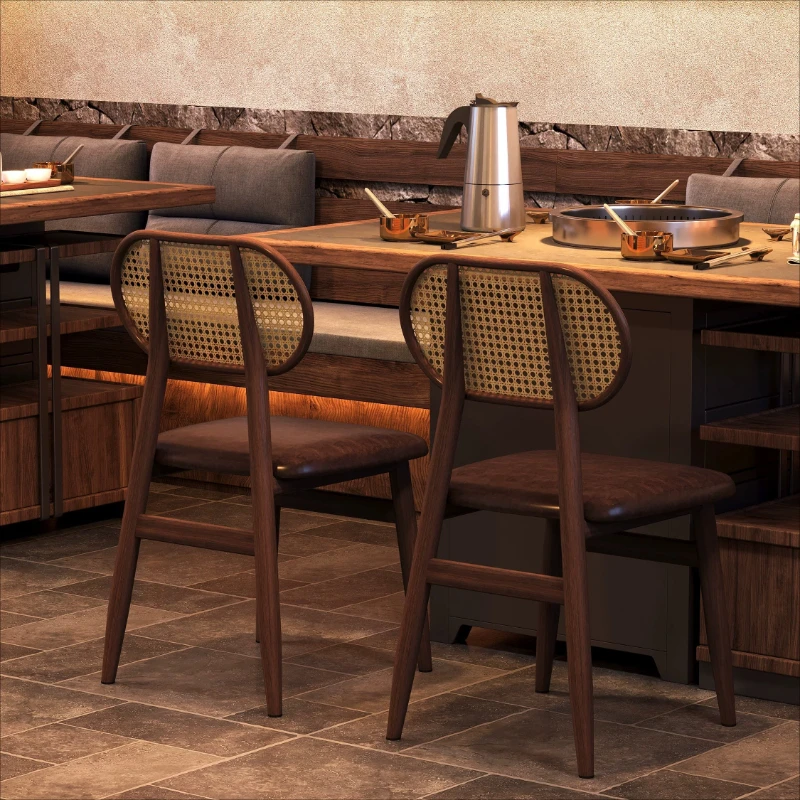 Solid Wood Dining Rattan Weaving Chair Home Simple Leisure Backrest Chair Business Thickened Hotel Soft Home Restaurant Chair
