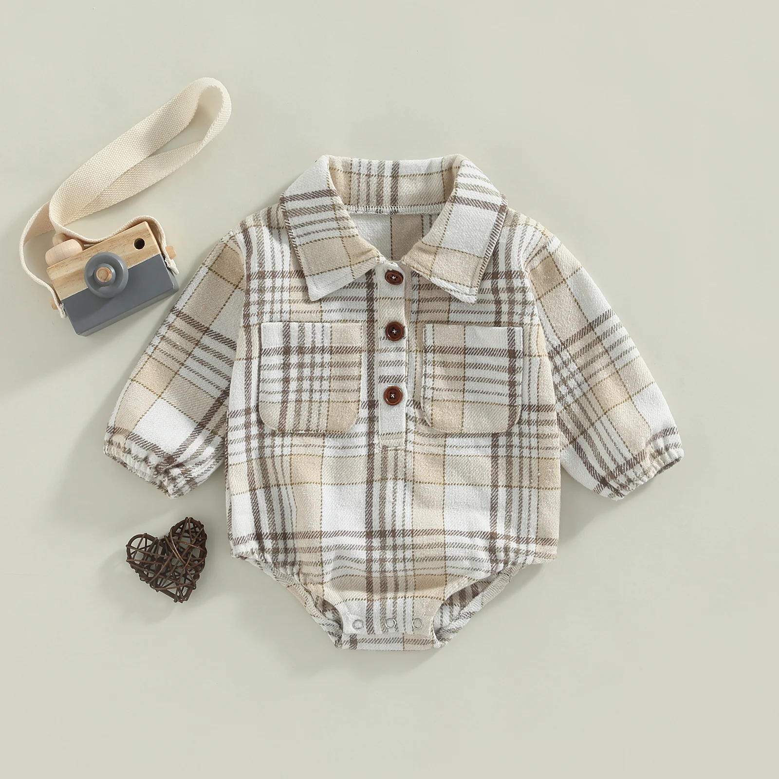 2022-06-10 Lioraitiin 0-24M Infant Baby Boy Romper Buttons Lapel Long Sleeve Vintage Plaid Pattern Jumpsuit with Pockets