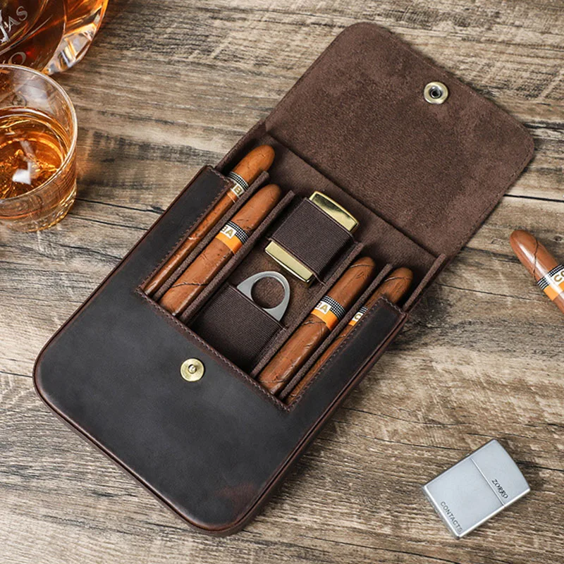 

Двухцветный дорожный чехол для хьюмидора из коровьей кожи, универсальный органайзер для аксессуаров для сигар, магнитный клапан, 4-слотовый резак, сумка для хранения