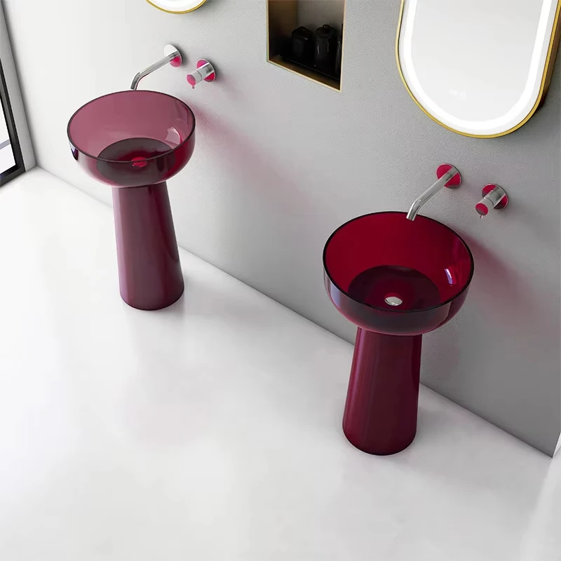 Teal Green Tempered Glass Pedestal Sink, Modern Thickened Round Freestanding Wash Basin for Bathroom Hotel