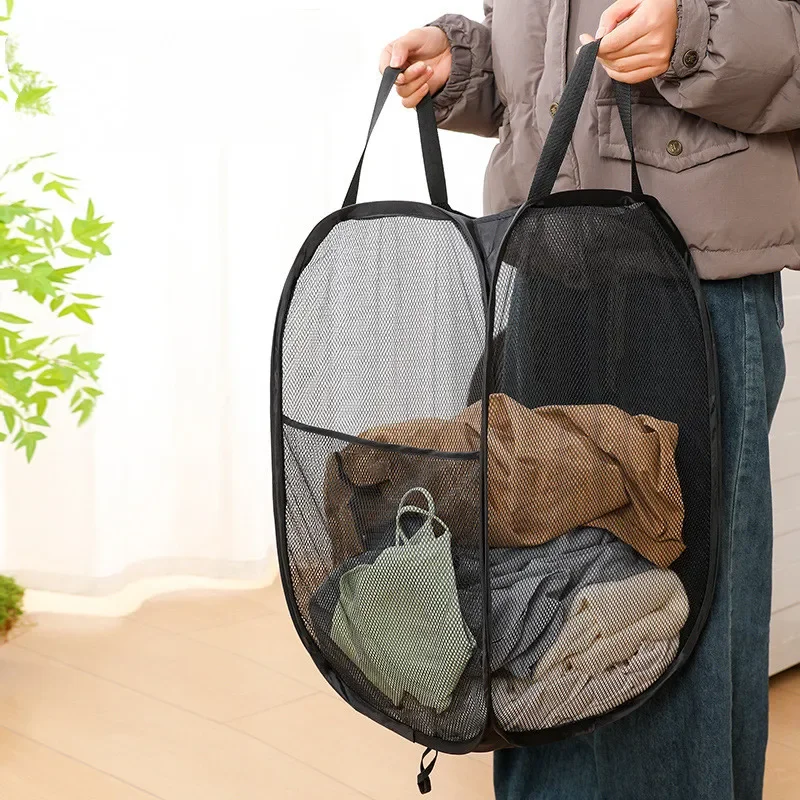 Laundry Basket Foldable Mesh Storage Bag For Dirty Clothes Organizer In Bathroom Washing Room Home Use
