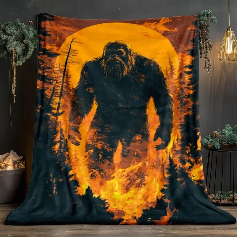 1pc Bigfoot Silhouette Sunset Flannel Throw - Lightweight Soft & Warm Winter Blanket with Vibrant Digital Print for Sofa Camping