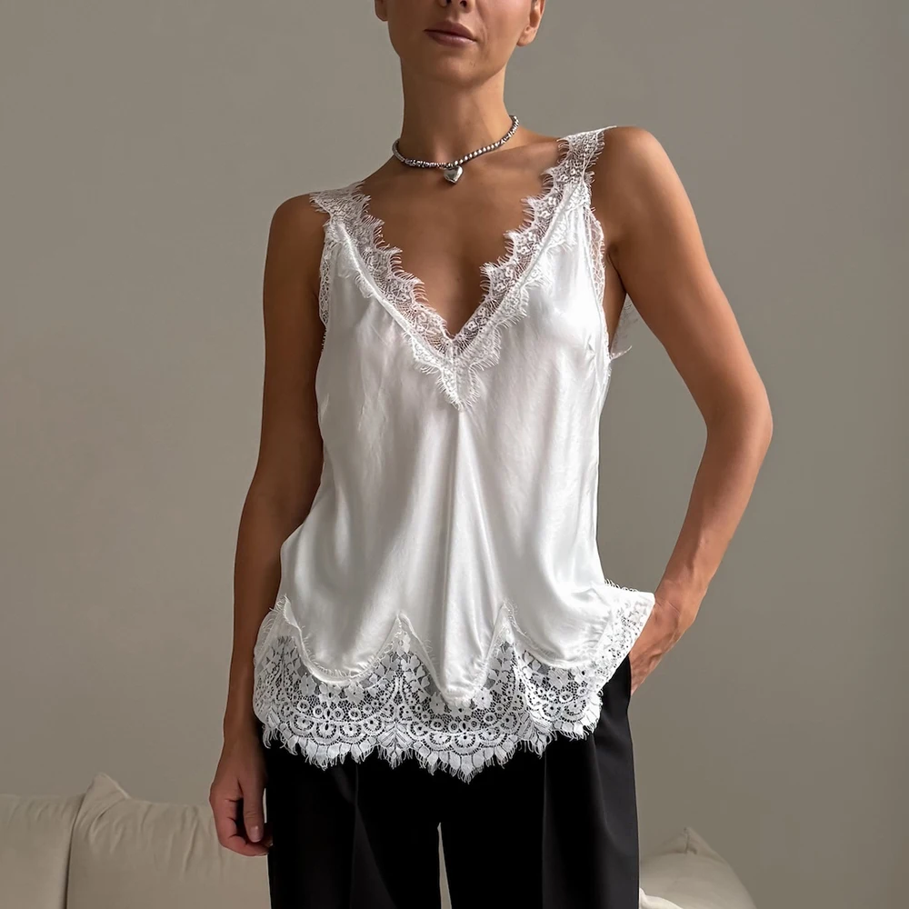 

Talenza Summer Lace Top Fashion Lace Patchwork Sleeveless Backless V-Neck Strappy Top Streetwear Casual Vacation Chic Women Tops