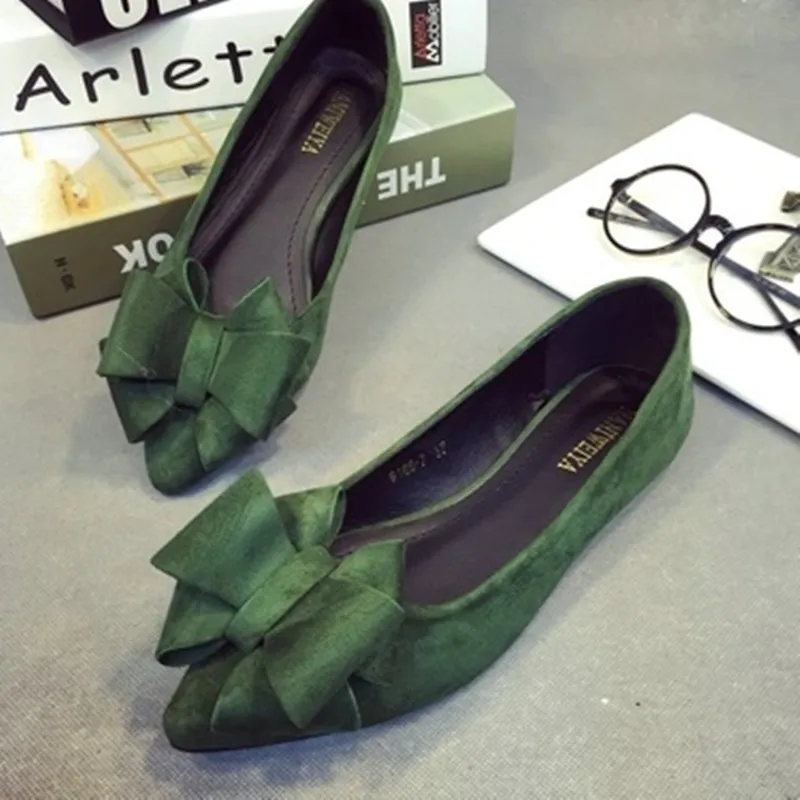 Lady Pointed Toe Flats Ballerinas Sweet Bow Shoes Nubuck Leather Woman Comfortable Loafers Big Size 43 42 48 Green Slip-on Black