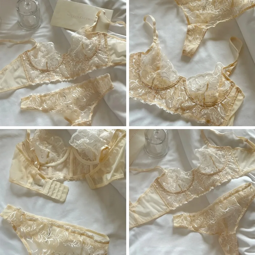 

Champagne Lace Underwear Set, Push Up Bra for Large Breasts, Breathable & Thin, Shows Cleavage