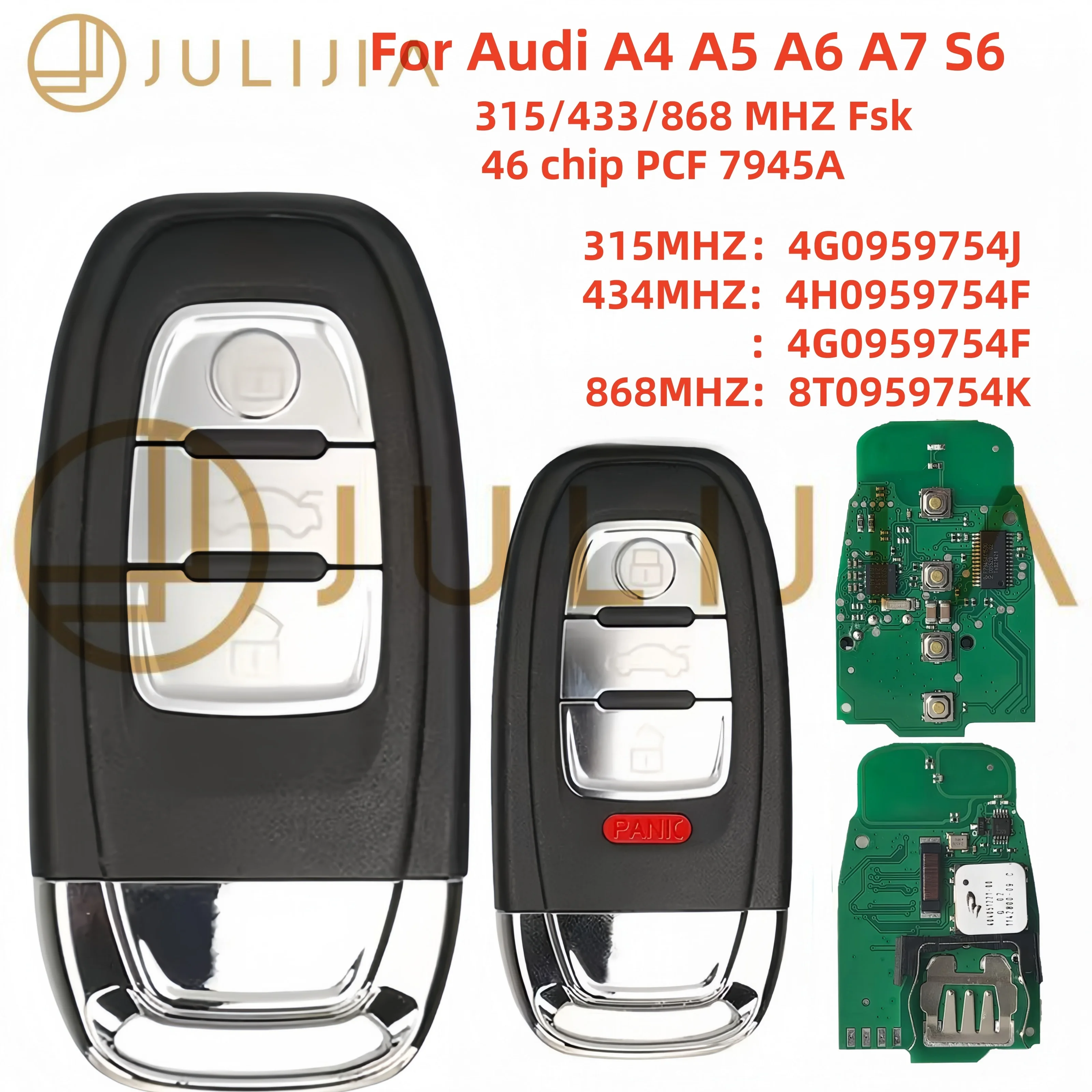 Keyless Smart Key 315/433/868Mhz 4G0959754J Chip Smart Remote Car Key Fob For Audi A4 A5 A6L A7 A8 Q5 Keyless Go 754J 754D/H/F/C