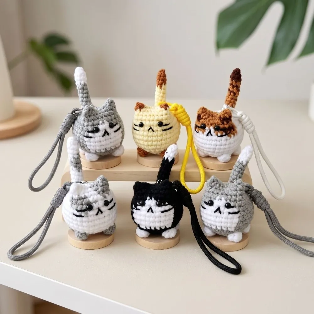 Handwoven Hand Crochet Cat Keychain Soft Cute Braided Strap Small Cat Doll Keychain Multi Color Animal Cat Wrist Carry Charm