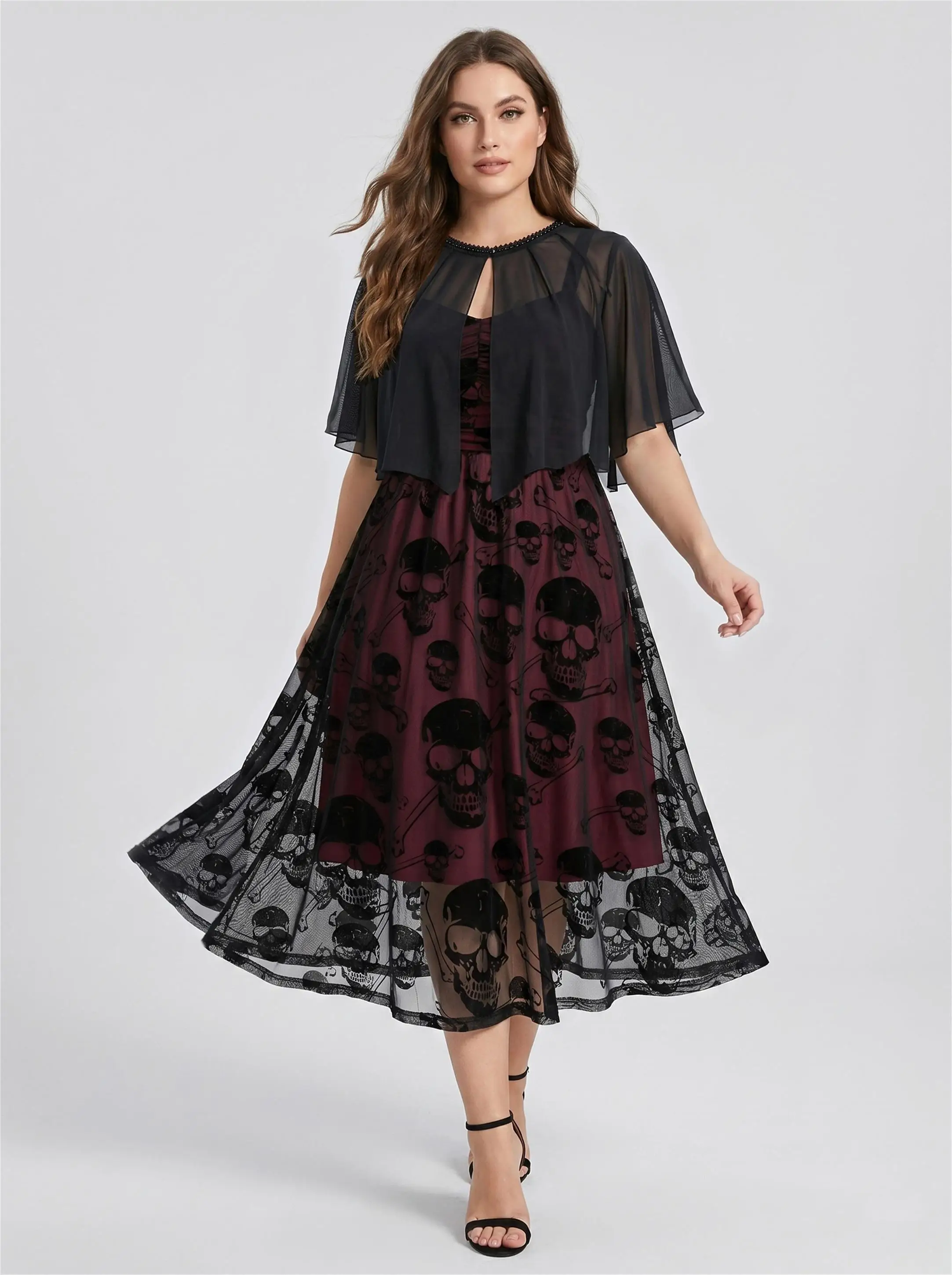 

Plus Size Women's Casual Dresses Skull Flocking Mesh Ruched Tank Dress With Lace Trim Button Cover Cape