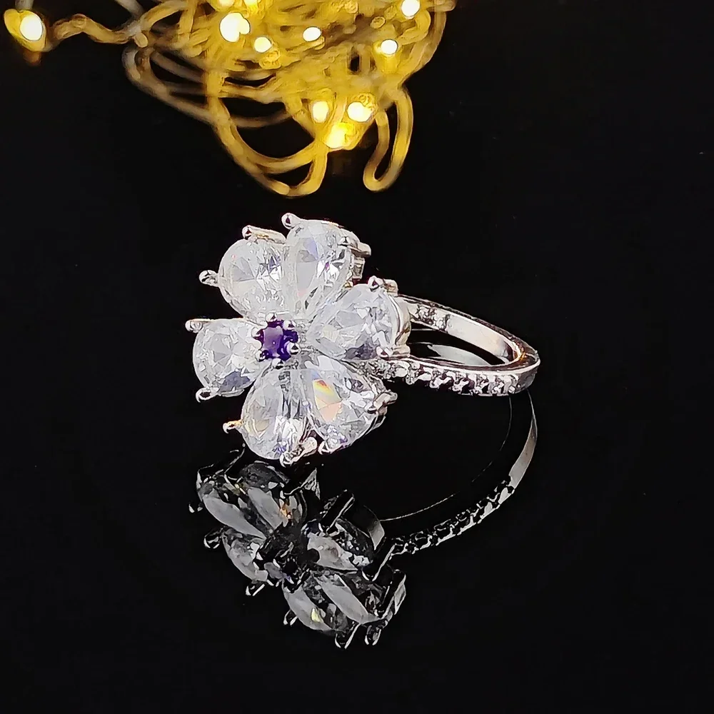 Moonso Luxury Pear Petals Silver Color Designer Flower Ring for Women Lady Anniversary Gift Free Shipping Items R5063