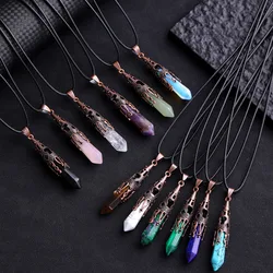 Retro Brass Chakra Necklace Hexagonal Prism Gemstone Quartz Crystal Stone Healing Pendant Necklace for Spiritual Energy Healing