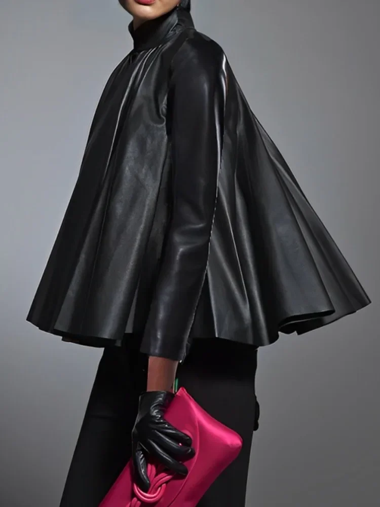 

Lemongor Female Stylish Faux Leather Pleated A-line Blouse 2025 Long Sleeves Solid Color Loose Big Hemline Stand Collar PU Tops