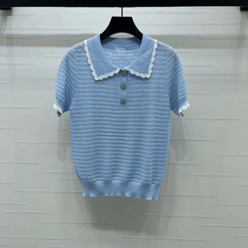 Blue & White Color-Block Lace Collar Knit Tee