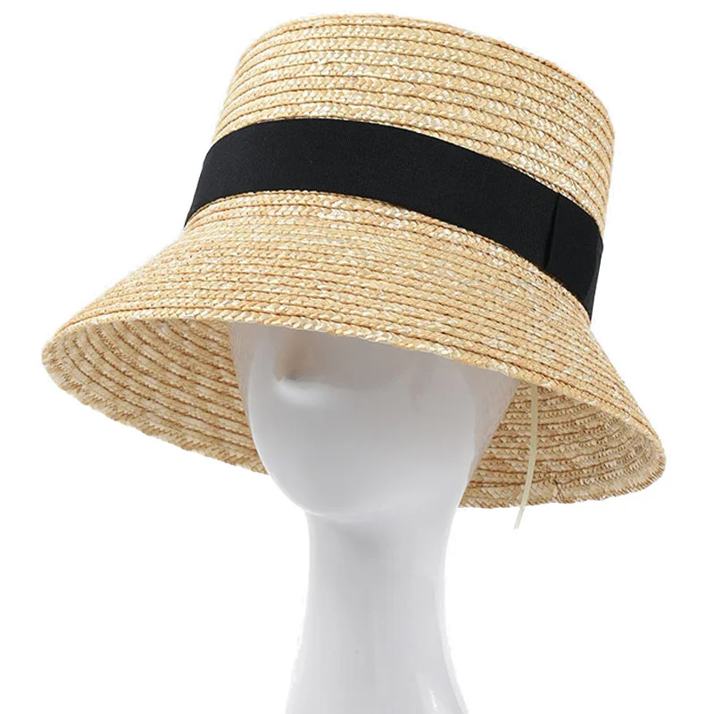 

Summer Female Natural Stiff Wheat Straw Boater Fedora Top Flat Hat Women Beach Flat Brim Cap with Black Stripe Ribbon Bucket Hat