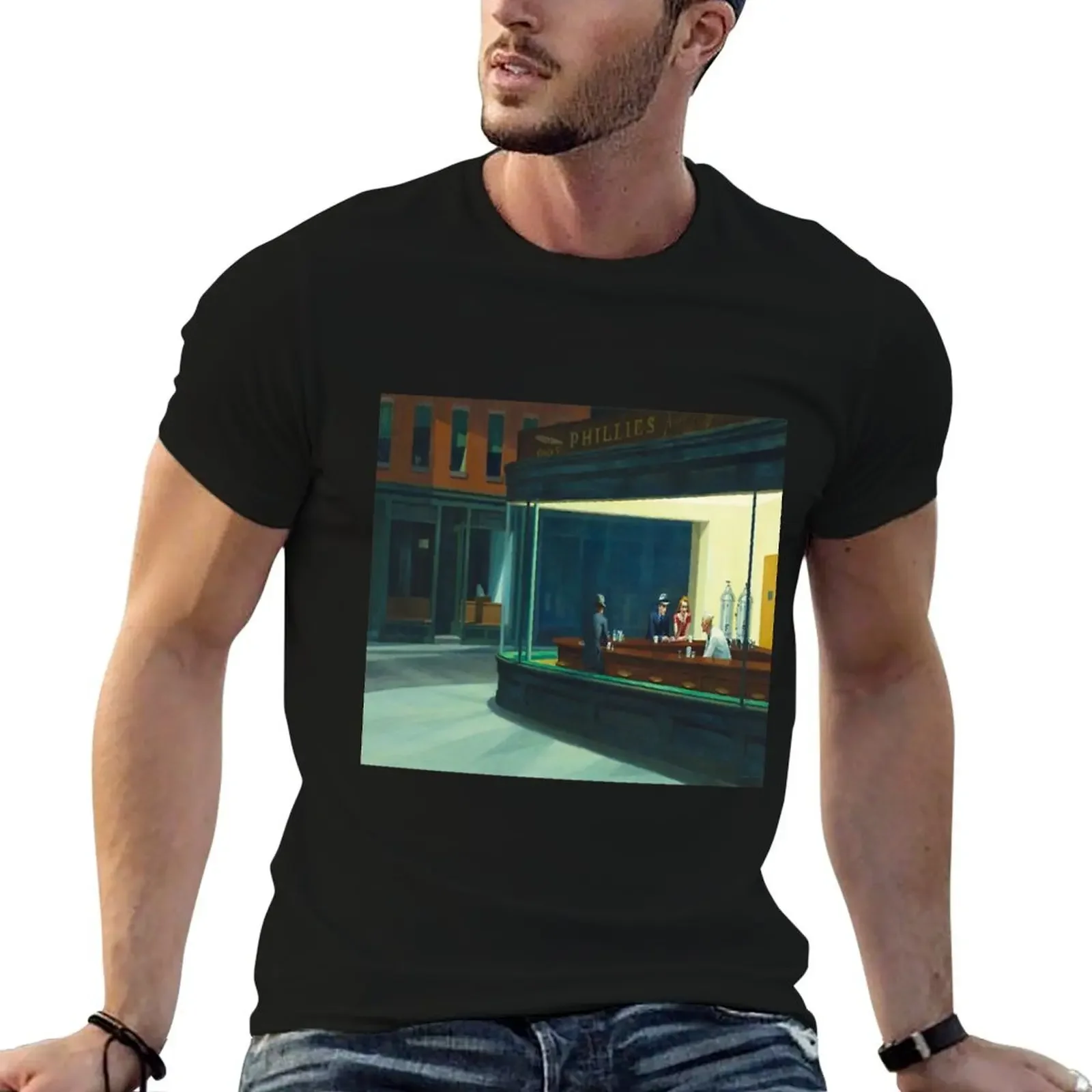 Edward Hopper - NightHawks, Art reproduction T-Shirt tops anime men t shirt