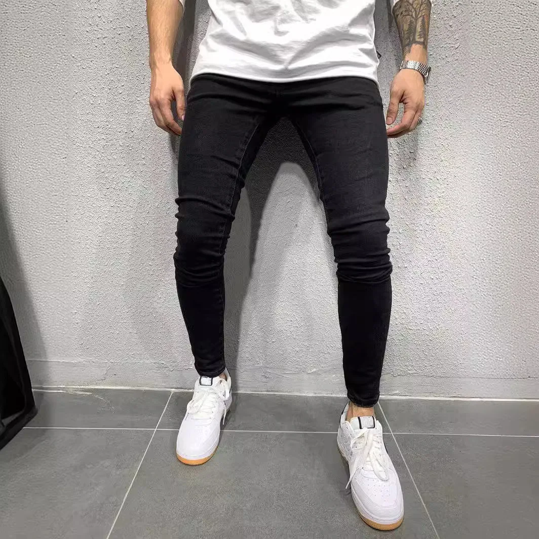 Calça jeans elástica de cintura média masculina, lápis lavado, bolsos jeans vintage, botão com zíper voar, casual básico, calças até o tornozelo