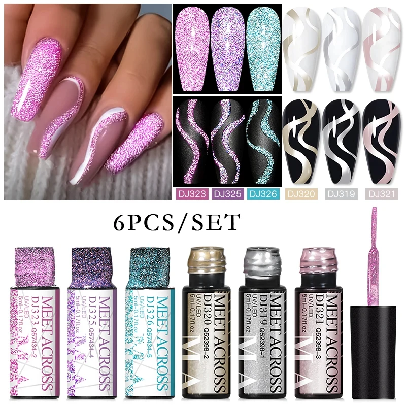 6Pcs Colorful Reflective Glitter Liner Nail Polish Kit Nail Art Sparkling Painting Gel Nail Polish UV Gelvarnishes For Nails