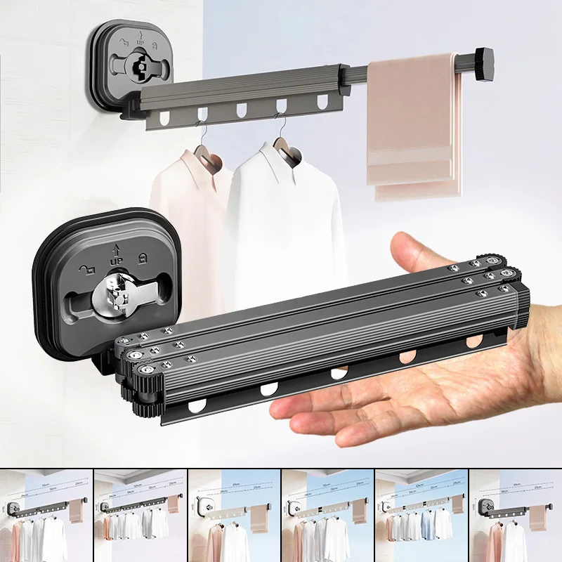 

Настенное крепление без перфорации на присоске, телескопическая складная вешалка для одежды, сверхмощная экономия места, подвесная стойка из алюминиевого сплава для балкона