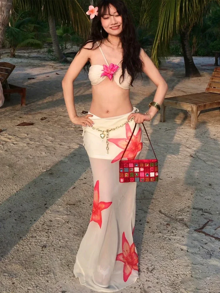 

Beach Party 2-Piece Set Women Y2K Halter 3d Flowers Bra+Flower Print Mesh Lace-Up Skirts Matching Summer Trend Suit