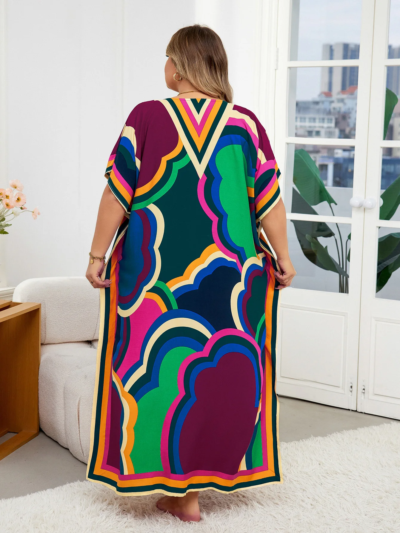 Artystyczny nadruk Plus Size Kaftan długa sukienka dla kobiet 2024 lato Sexy dekolt w szpic rękaw w kształcie skrzydła nietoperza Oversize szata